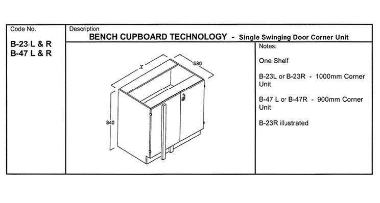 Fixed Bench Cupboard, Technology 1000, Corner Unit, LH Door