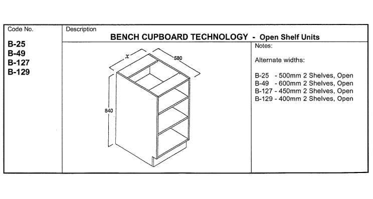Fixed Bench Cupboard, Technology 500, 2 Shelves, Open
