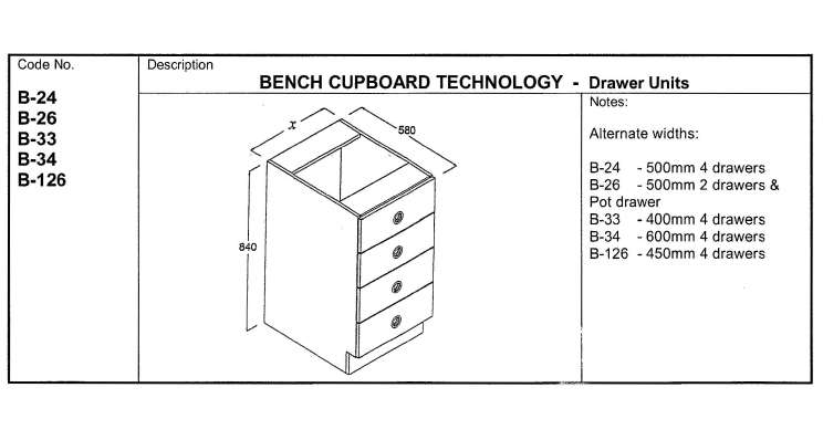 Fixed Bench Cupboard, Technology 500, 2 Drawers and Pot Drawer