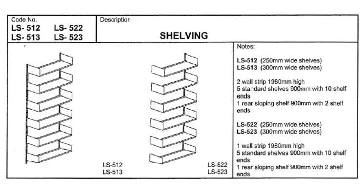 Fixed Shelving, Wall Fixed, Starting Bay with 5 Rear Wall Shelves, 1 Rear Sloping Shelf
