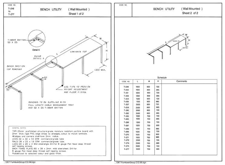 Fixed Bench, Utility (Wall Mounted), 1500 x 700 x 865